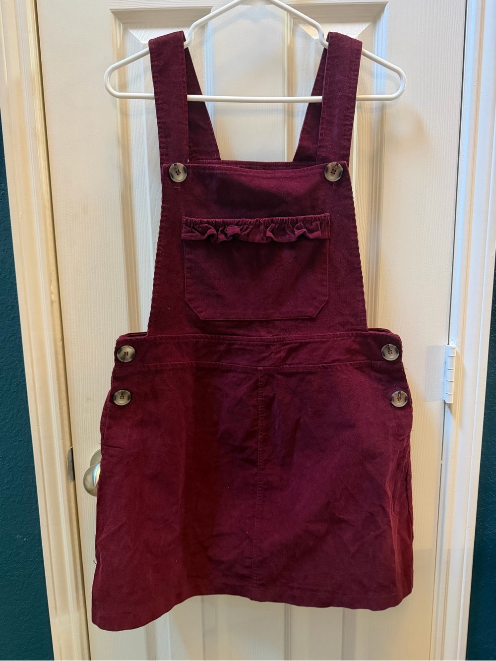 Burgundy Corduroy Pinafore Dress with Ruffle Pocket